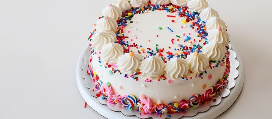 Poster - Attractive birthday cake with beautifully displayed decorations on a white background perfect as a copy space image