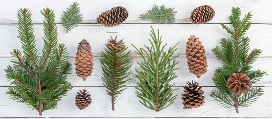 Poster - Evergreen cones and twigs for Christmas decoration arranged on a white wooden table background with copy space image