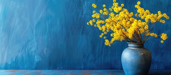 Poster - A vase with mimosa flowers against a blue backdrop featuring bright yellow spring blooms with ample copy space image