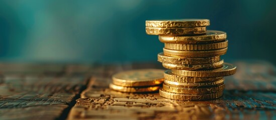 Poster - A stack of gold coins rests on a wooden surface against a blue backdrop providing room for a copy space image