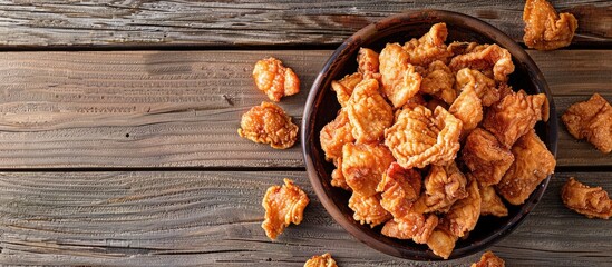 Aufkleber - Crunchy fried pork cracklings displayed on a wooden surface with room for text in the image. with copy space image. Place for adding text or design