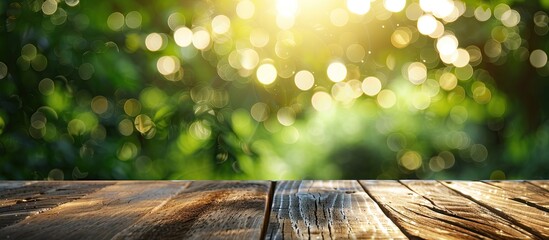 Poster - Morning sunlight and green bokeh illuminate a wooden table with space for product display set against a blurred natural backdrop. with copy space image. Place for adding text or design