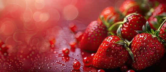 Poster - Macro close up of a stunning and appetizing strawberry arrangement on a vibrant backdrop with ample copy space image