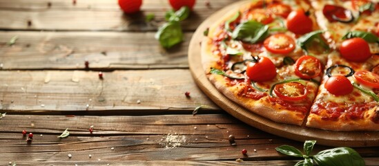 Poster - Scrumptious pizza on a wooden table with copy space image