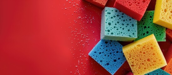Poster - Colorful sponges on a red backdrop with a copy space image for a cleanup day featuring a sponge cleaning kit for housework housekeeping and household chores