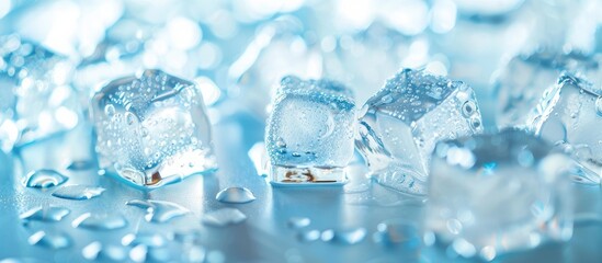 Fototapete - Selective focus on numerous transparent ice cubes on a bright backdrop with room for text within the copy space image