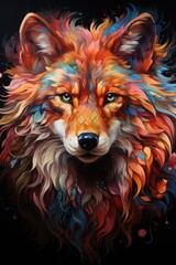 Summary Portrait of Colorful Nephine's head of a wolf on a black background gene, generative IA
