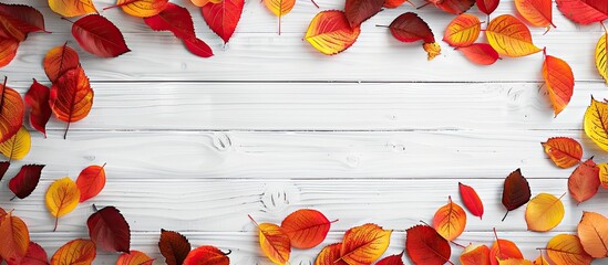 Fototapete - Beautiful rustic autumn background or web banner featuring a top view of a border made of red and yellow autumn leaves on a white wooden surface providing copy space for text