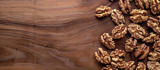 Poster - walnut kernels arranged on a wooden board with ample copy space image available