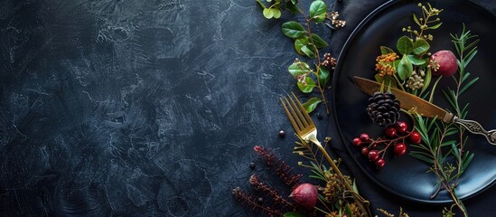 Leinwandbilder - Top view of a sophisticated table arrangement on a dark backdrop featuring a copy space image