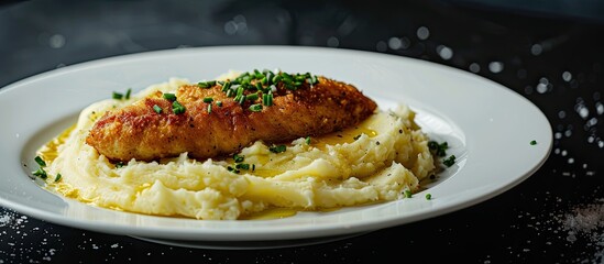 Aufkleber - Escalope and mashed potatoes on a white plate set against a black background creating a striking copy space image
