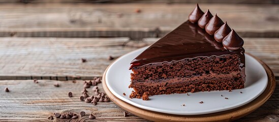 Leinwandbilder - Chocolate cake on a white plate against a wooden backdrop perfect for a copy space image