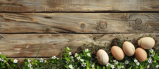 Poster - Easter themed background with a rustic wooden texture featuring eggs and space for text or images. with copy space image. Place for adding text or design