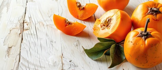 Fototapete - Whole ripe orange persimmon fruit and slices displayed on a white wooden table with copy space image