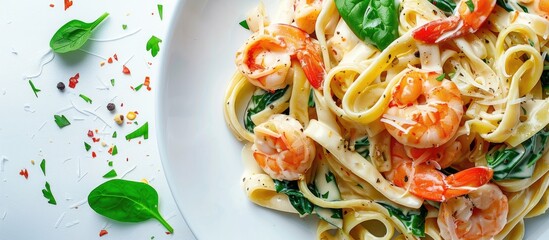 Poster - Delicious fettuccine spinach pasta with seafood in creamy sauce against a white backdrop in a copy space image