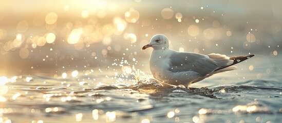Poster - A seagull wading in the water backlit with waves and water sprays under its feet in a copy space image