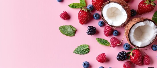 Leinwandbilder - Ripe coconuts with fresh berries mint on pink backdrop with copy space image in pop art style creative minimalist flat lay summer concept top down view