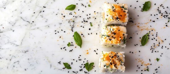 Fototapete - Soft focused top view of a Cushi roll adorned with cream cheese ideal for a copy space image