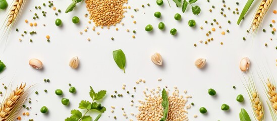 Wall Mural - A pattern featuring buckwheat wheat peas and rice arranged on a white background suitable for a copy space image