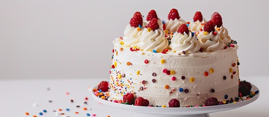Poster - Attractive birthday cake with beautifully displayed decorations on a white background perfect as a copy space image