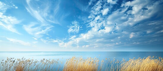 Poster - Scenic view of reeds by serene ocean under blue sky with clouds perfect as a copy space image
