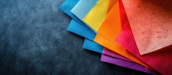 Poster - Close up multicolored sheets of paper against a dark leather backdrop providing ample copy space image