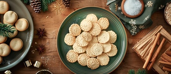 A wooden kitchen table showcasing Christmas wafers on a green plate near a window the wafers round and cream colored are framed by ingredients with blank space for an image. with copy space image