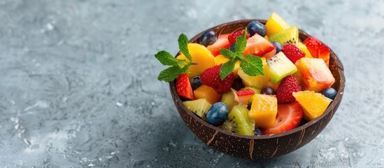 Aufkleber - Vegan concept with a delicious fruit salad in a coconut bowl on a gray background with a text space ideal for a copy space image