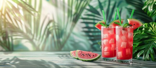 Poster - Summer themed party concept with a refreshing red watermelon cocktail served on a modern table The background features copy space for images