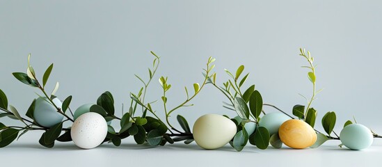 Poster - Floral arrangement with boxwood and colored eggs for an Easter card concept featuring a copy space image