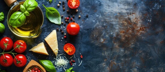 Poster - Top view of a dark table with ingredients like parmesan cheese basil leaves cherry tomatoes and olive oil creating a cooking themed copy space image