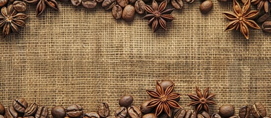 Aufkleber - Roasted coffee beans and star anise on a burlap backdrop with copy space image