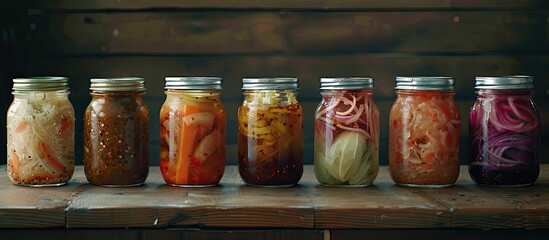 Aufkleber - A banner featuring a variety of fermented foods like Korean carrot kimchi beetroot sauerkraut and pickled cucumbers in glass jars perfect for winter culinary inspiration with room for a copy space im