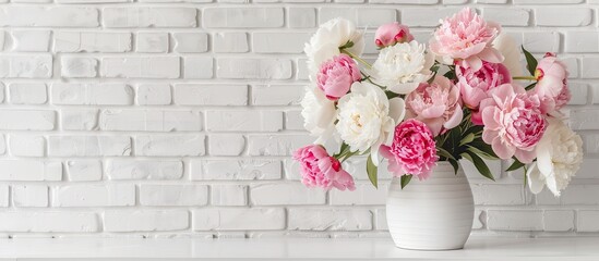 Poster - Pink and white peonies in a vase on a white brick wall background ideal for holiday or mother s day designs features copy space image for banners and headers