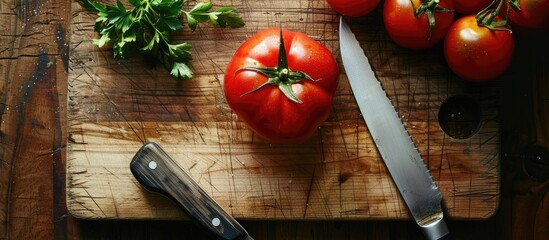 Aufkleber - A red tomato placed on a wooden cutting board next to a knife with the image offering space for copying