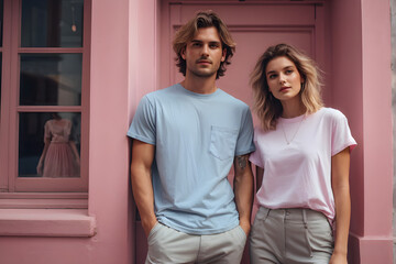 Fashion street photography of two young people wearing light pale pink and blue grey top t shirts, man and woman couple models with casual poses for summer clothing fashion on pink wall background
