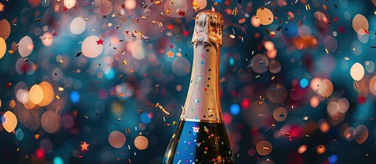 Poster - Creative concept photo featuring a champagne bottle with confetti in the background providing ample copy space image