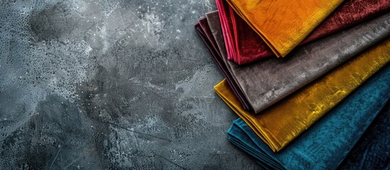Aufkleber - Colorful luxury velvet fabric samples arranged on a stone table in a top down view with ample space for text or images