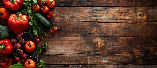Poster - Vegetables displayed with copy space image on a rustic wooden backdrop