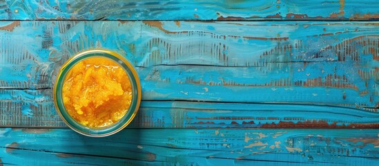 Poster - Top down view of a delicious glass jar of cod liver displayed on a blue wooden surface offering ample space for text alongside the image