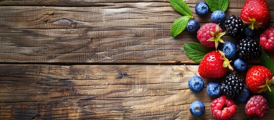 Poster - Fresh organic berries on a natural wooden backdrop with a designated copy space image