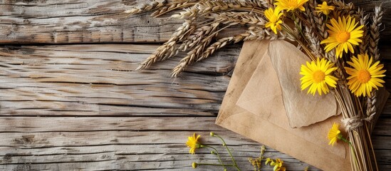 Poster - Vintage wooden surface with yellow flowers rye and wedding invitation cards displayed in a flat lay arrangement perfect for a copy space image