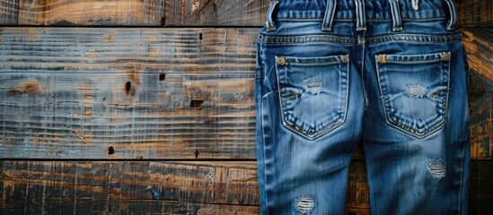 Wall Mural - Blue jeans with a pocket displayed on weathered wood with copy space image for a fashion theme