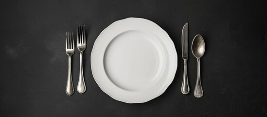 Wall Mural - Top view of a spotless white plate with cutlery isolated on a black background ideal for food related concepts and featuring ample copy space image