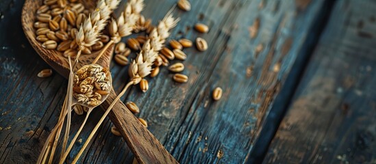 Poster - A wooden spoon with wheat grains creating a rustic look is displayed in a copy space image