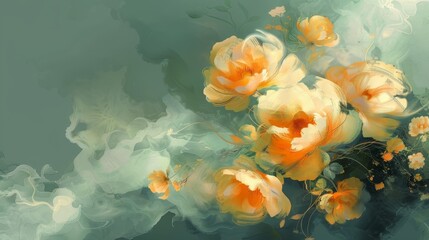 Canvas Print - Abstract Floral Artistry: Ethereal Orange Blossoms on Teal Canvas