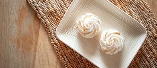 Aufkleber - A high angle view displays two gourmet meringues on a white platter on a woven placemat with a beautiful copy space image