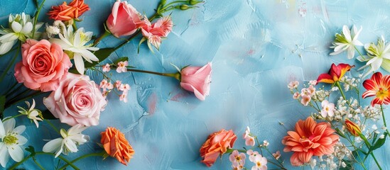 Aufkleber - Table with lovely flowers on a blue backdrop with a vacant section for text alongside a image. with copy space image. Place for adding text or design
