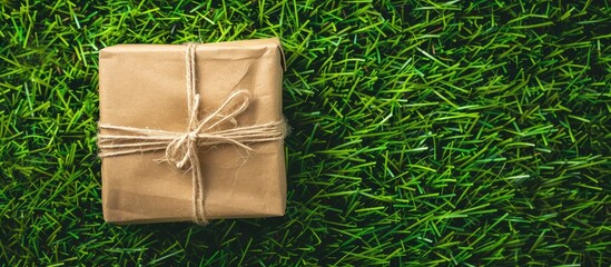 Poster - Top view of a gift box on lush green grass background suitable for Christmas and New Year with copy space image
