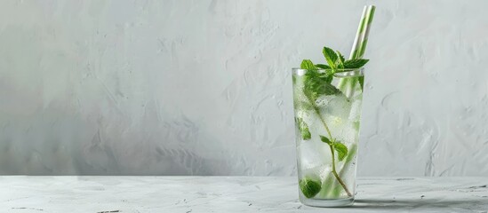 Aufkleber - Glass tumblers with eco friendly straws on a grey concrete table and a white wall in the background provide a wide composition with copy space image